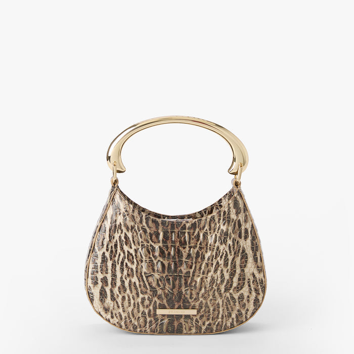 Leopard print handbag on a white background. Brielle front view.