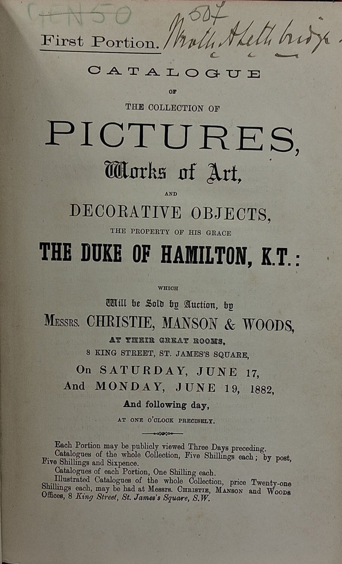 Catalogue of The Collection of Pictures, Works of Art, and Decorative Objects, the Property of His Grace The Duke of Hamilton, K.T.