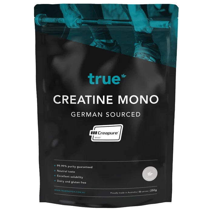 True Protein Creatine Mono pouch, German-sourced Creapure creatine monohydrate 250g – unflavoured, 99.99% purity, neutral taste, excellent solubility, dairy & gluten free, proudly made in Australia (sports supplement)