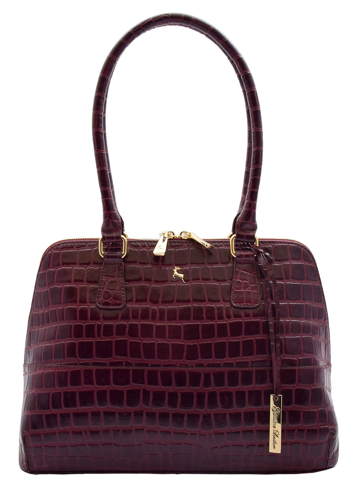 DR298 Women's Leather Handbag Doctor Shape Croc Print Hobo Bag Bordo 4