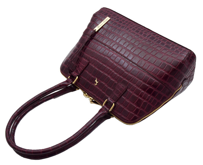 DR298 Women's Leather Handbag Doctor Shape Croc Print Hobo Bag Bordo 5