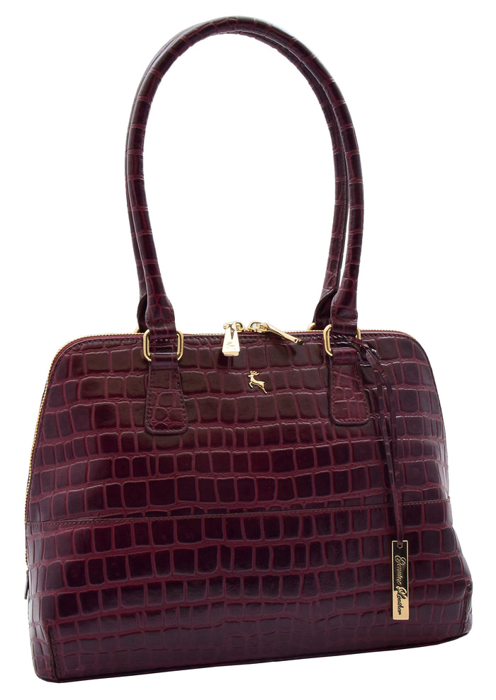 DR298 Women's Leather Handbag Doctor Shape Croc Print Hobo Bag Bordo 6