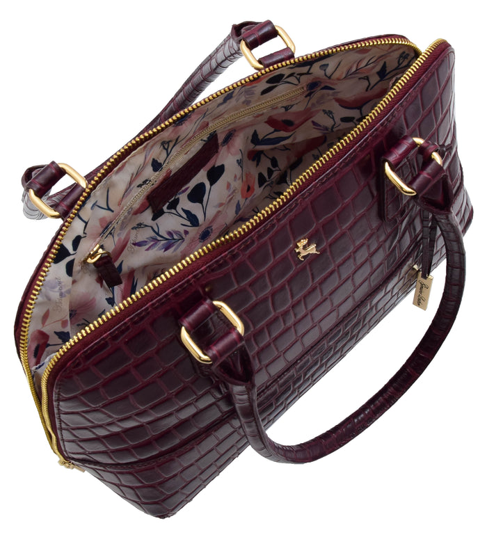 DR298 Women's Leather Handbag Doctor Shape Croc Print Hobo Bag Bordo 8