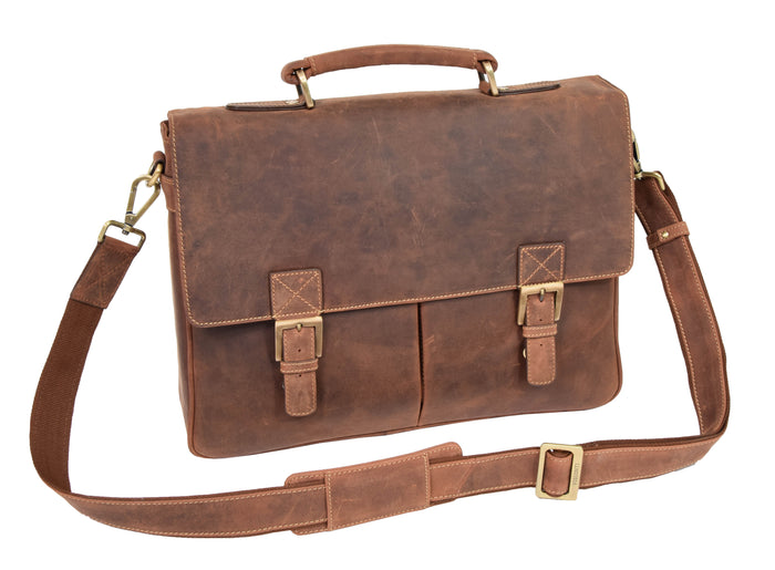 DR376 Men's Leather Cross Body Flap Over Briefcase Tan 2