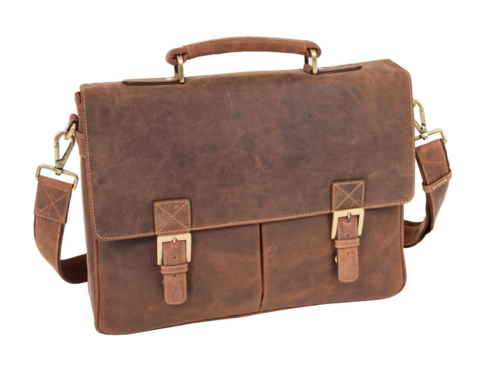 DR376 Men's Leather Cross Body Flap Over Briefcase Tan 3