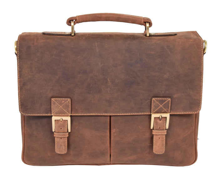 DR376 Men's Leather Cross Body Flap Over Briefcase Tan 4