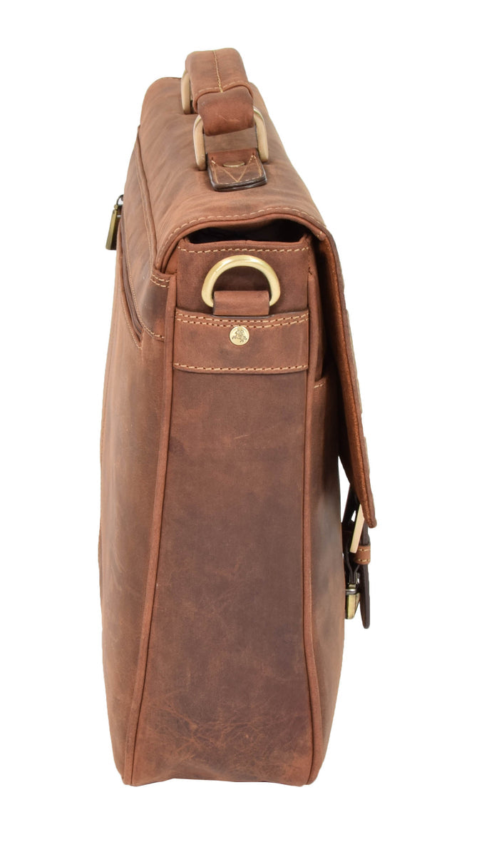 DR376 Men's Leather Cross Body Flap Over Briefcase Tan 5