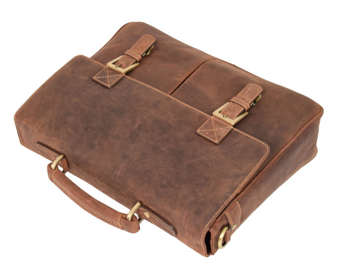 DR376 Men's Leather Cross Body Flap Over Briefcase Tan 7