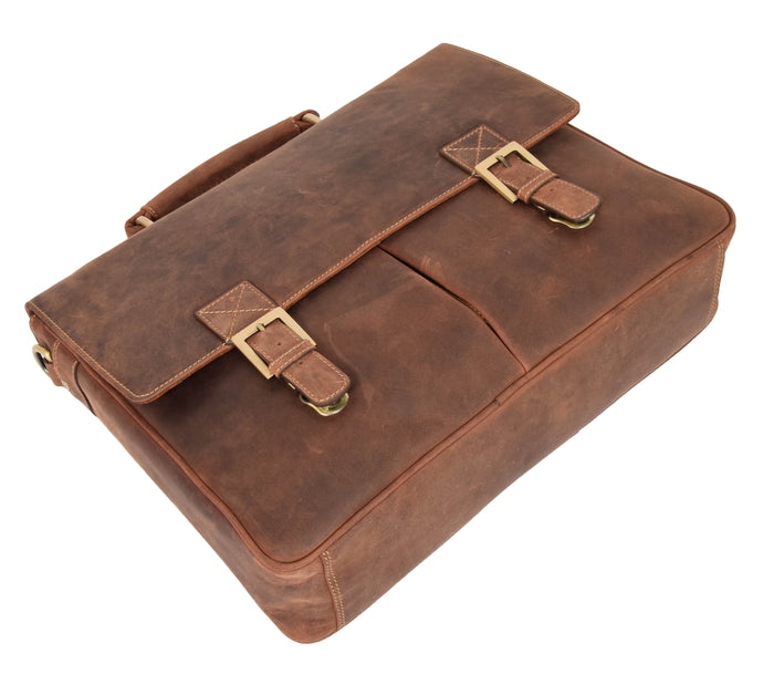 DR376 Men's Leather Cross Body Flap Over Briefcase Tan 8
