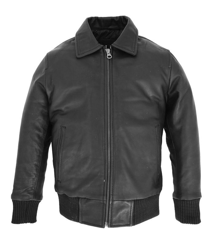 DR453 Kids Real Black Leather Bomber Jacket 4