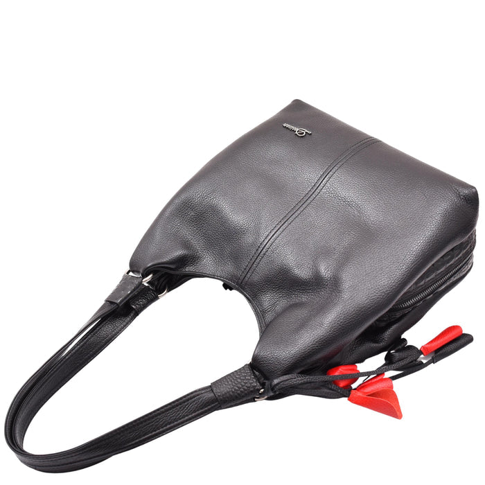 DR583 Women's Large Leather Hobo Bag With Zip Opening Black 5