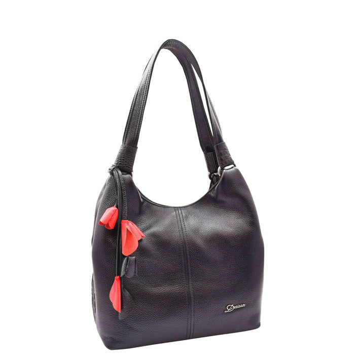 DR583 Women's Large Leather Hobo Bag With Zip Opening Black 7