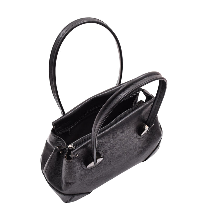DR584 Women's Medium Tote Zip Shoulder Bag Leather Handbag Black 6