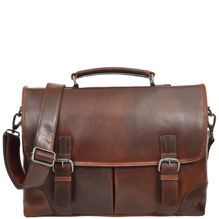 DR654 Men's Durable Real Leather Cross Body Briefcase Brown 1