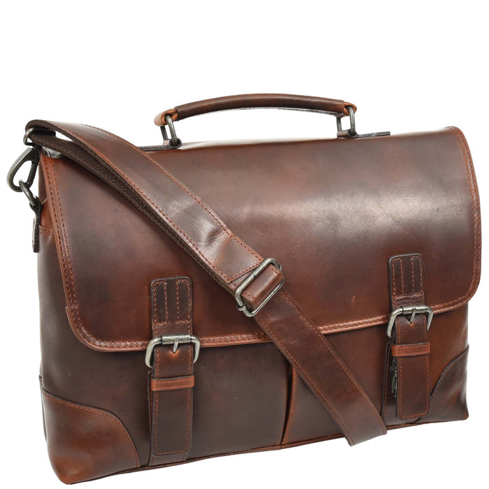 DR654 Men's Durable Real Leather Cross Body Briefcase Brown 3
