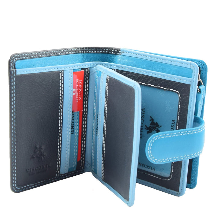 DR678 Ladies Genuine Leather Small Sized Zip Bi Fold Purse Blue Multi 6