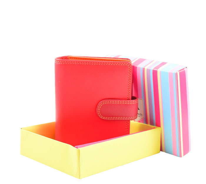 DR678 Ladies Genuine Leather Small Sized Zip Bi Fold Purse Red Multi 7