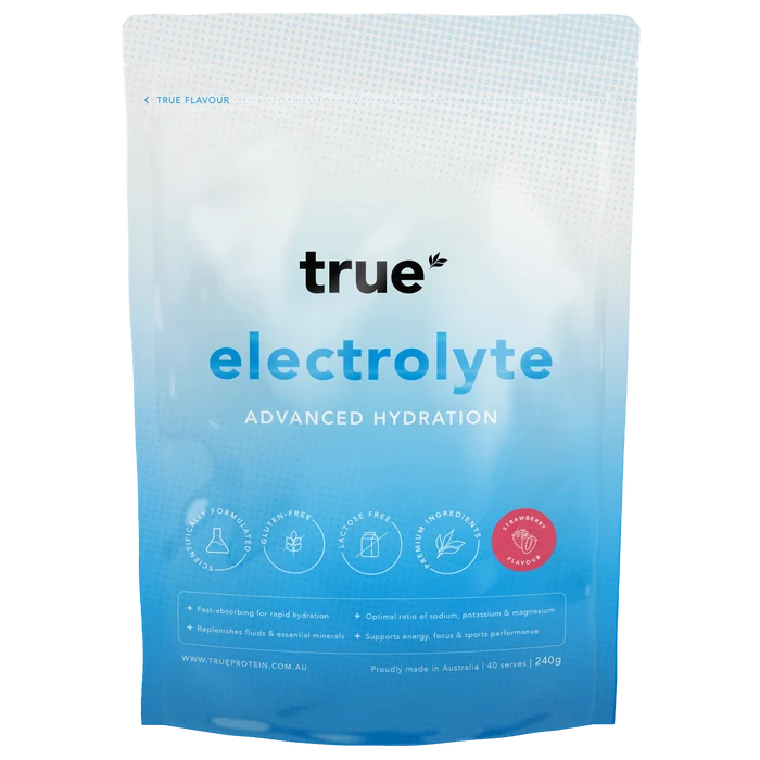 True electrolyte hydration powder pouch by True — strawberry flavour 240g (40 serves), blue-white gradient resealable bag, "Advanced Hydration" label, gluten‑free/lactose‑free icons, made in Australia — sports drink electrolyte powder packaging.