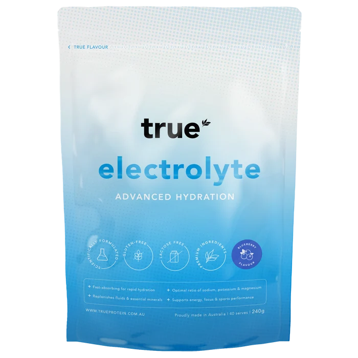 True Electrolyte advanced hydration powder blueberry flavour 240g resealable pouch — True Protein electrolyte drink mix for sports, rapid hydration, sodium potassium magnesium formula, proudly made in Australia.