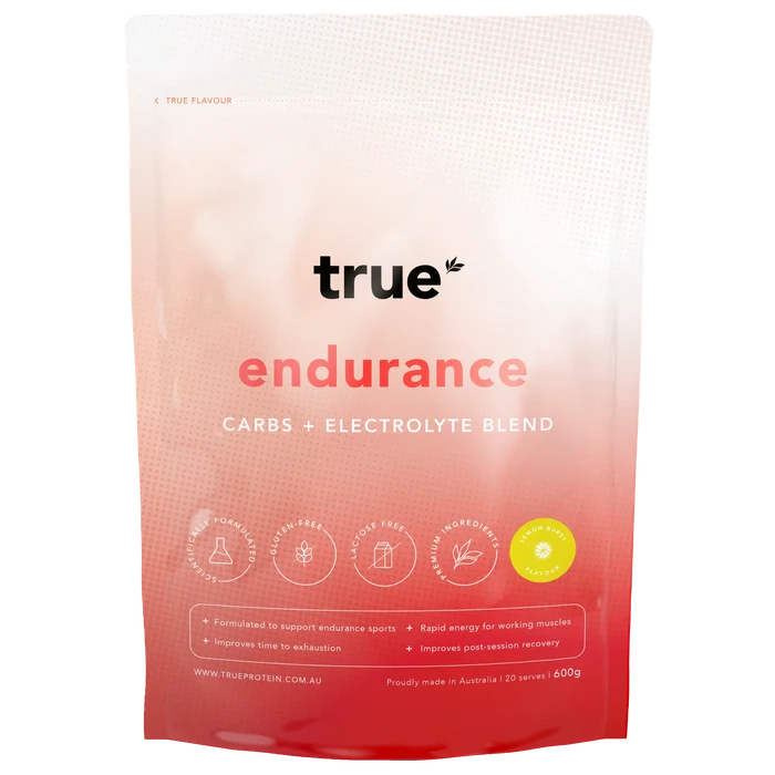 True Protein Endurance carbs + electrolyte blend pouch, lemon burst flavour 600g – pink gradient resealable sports drink powder pouch, made in Australia.