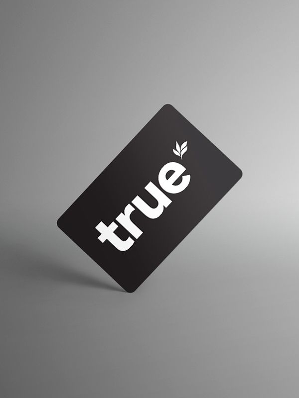 Black "True" gift card with white logo and leaf icon on gray background — e-gift card for online store