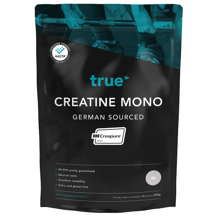 True Creatine Mono 250g resealable pouch – German-sourced Creapure creatine monohydrate powder, neutral taste, dairy & gluten free, Australian brand packaging (True Protein)