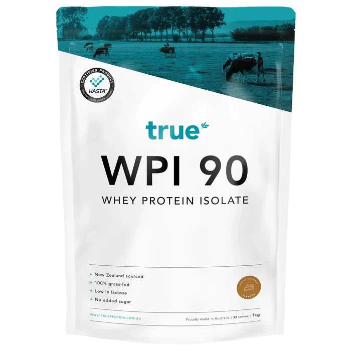 True WPI 90 whey protein isolate 1kg pouch by True – New Zealand‑sourced, 100% grass‑fed whey, low‑lactose, no added sugar, apple crumble flavour, proudly made in Australia (sports nutrition, protein powder)