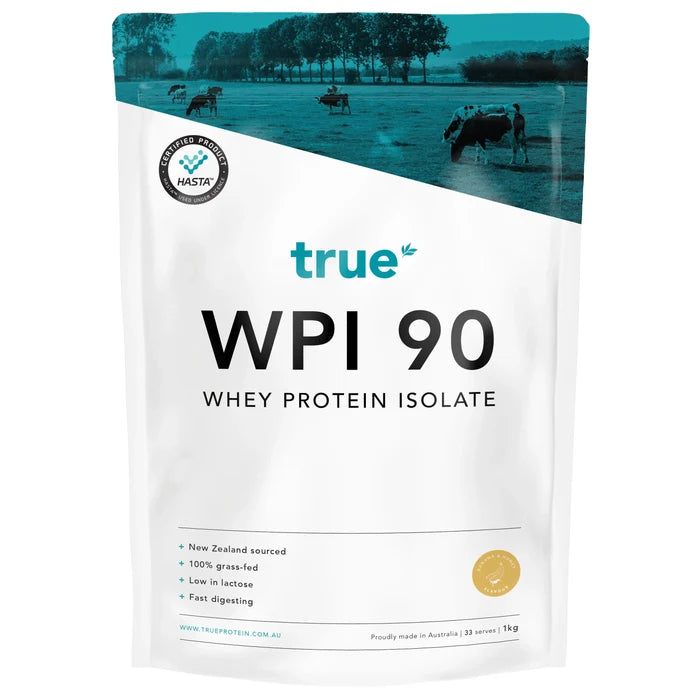 True WPI 90 whey protein isolate 1kg pouch – True brand, New Zealand-sourced 100% grass-fed whey, low lactose, fast digesting, made in Australia, banana & honey flavour.