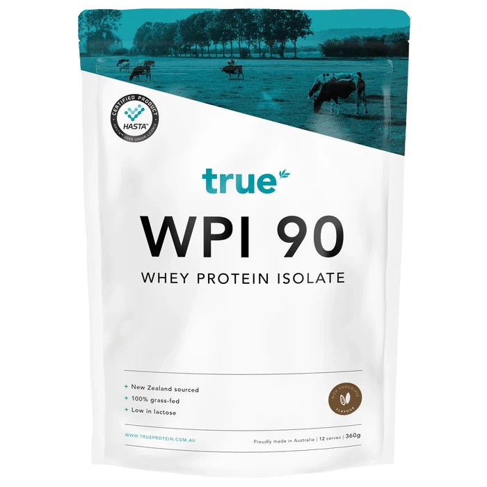 True WPI 90 whey protein isolate pouch 360g by True, New Zealand sourced 100% grass‑fed low‑lactose whey protein, rich chocolate flavour, HASTA certified, proudly made in Australia.
