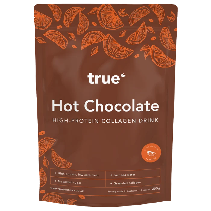 True protein "True" Hot Chocolate high-protein collagen drink pouch, Choc Orange flavour, 200g resealable bag — grass-fed collagen, no added sugar, just add water, 10 serves, proudly made in Australia.