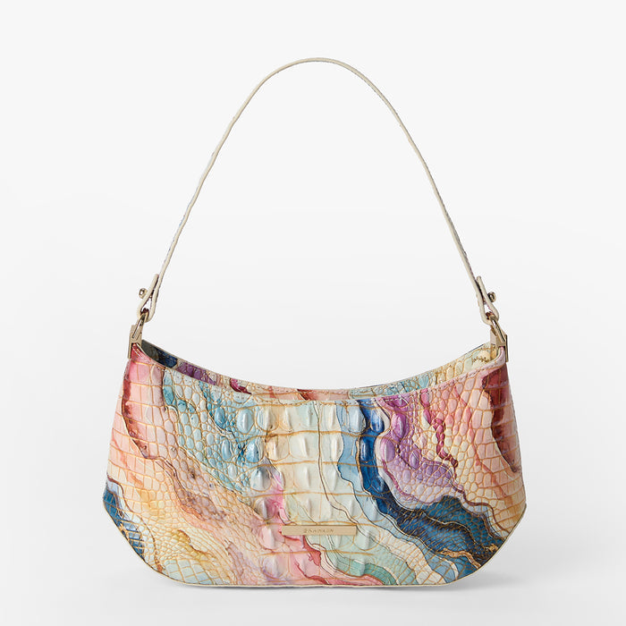 Multicolored handbag with a textured pattern on a white background. Lilibeth front view.