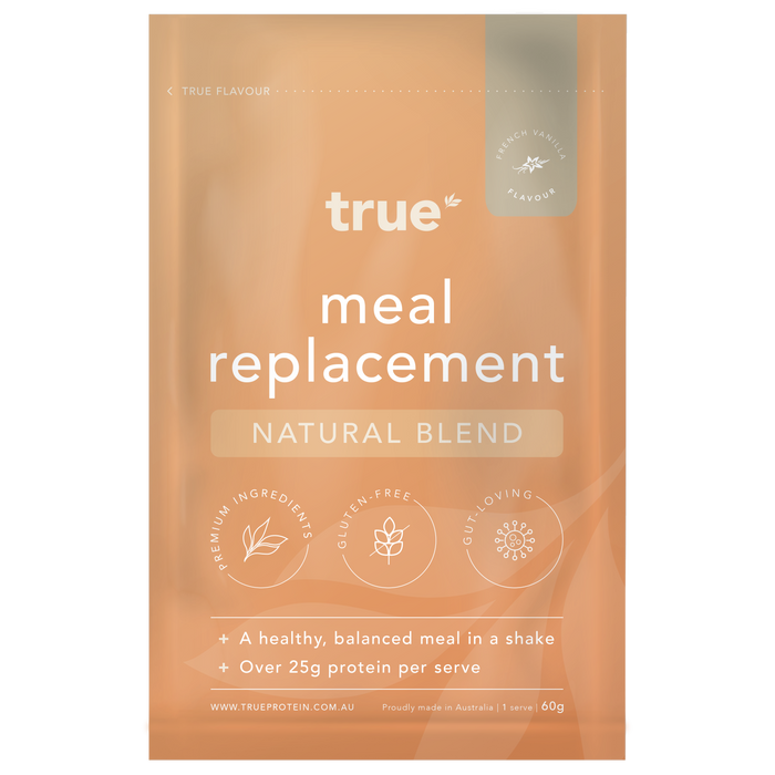 True Protein meal replacement natural blend - French vanilla sample sachet, 60g single-serve, Australian-made healthy shake mix with over 25g protein per serve, gluten-free, premium ingredients, gut-loving formula.