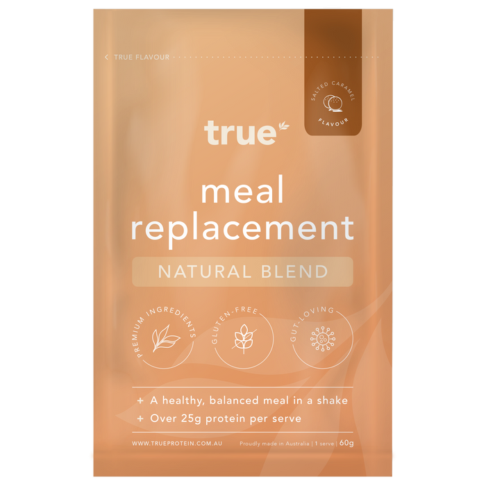 True Meal Replacement Natural Blend salted caramel flavour sachet by True Protein — single-serve 60g meal replacement shake, premium ingredients, gluten-free, gut-loving, over 25g protein, proudly made in Australia.