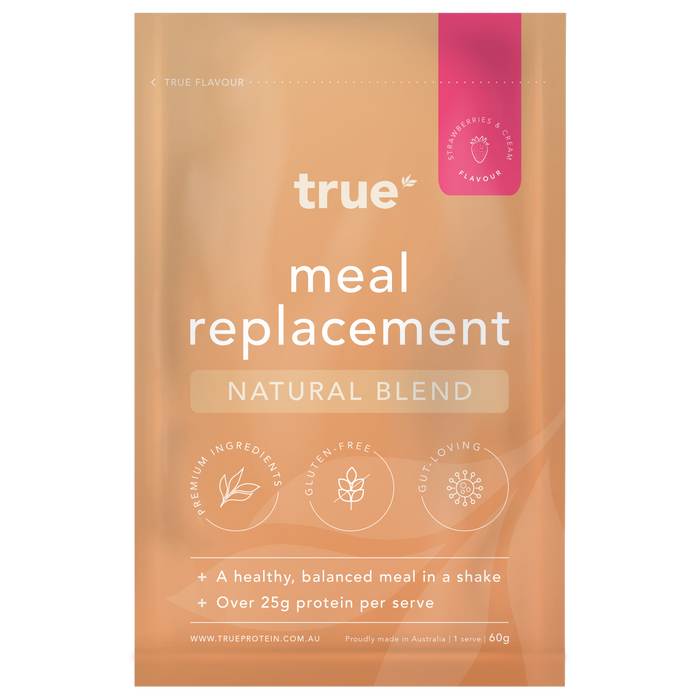 True Protein meal replacement sachet - Natural Blend strawberry & cream flavour pouch, 60g sample pack, premium gluten-free gut-loving formula, over 25g protein per serve, made in Australia.