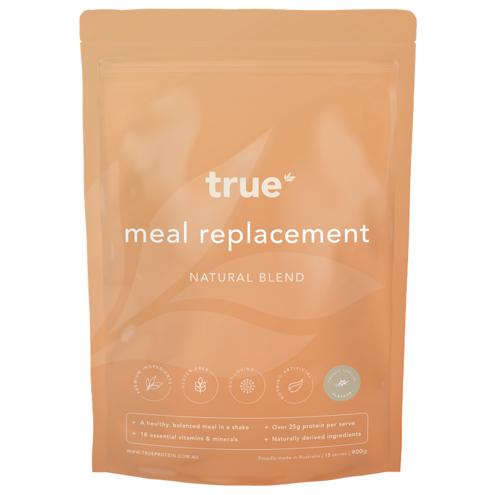 True meal replacement natural blend pouch – French Vanilla flavour protein powder 900g, Australian-made meal replacement shake with 25g+ protein per serve, vitamins & minerals, natural ingredients