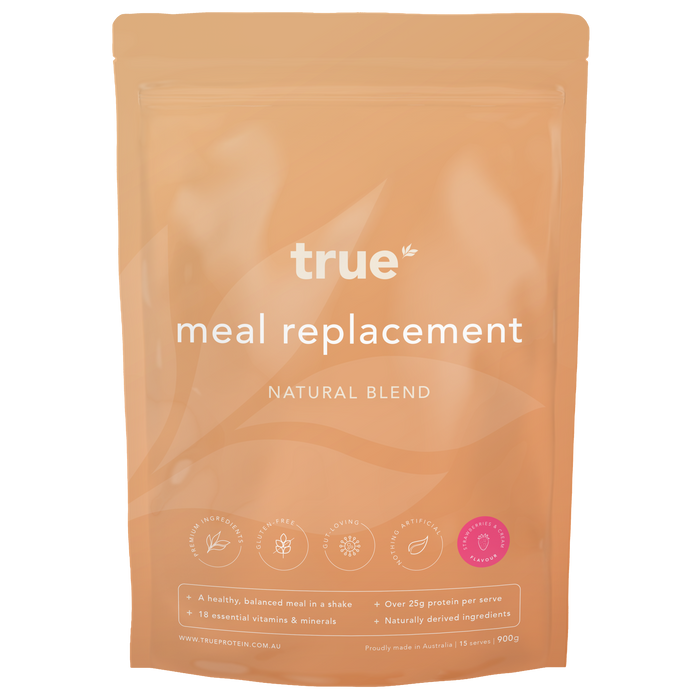 True Meal Replacement natural blend powder pouch, strawberry & cream flavour, 900g resealable bag — Australian-made meal replacement shake with 25g+ protein per serve, 18 vitamins & minerals, gluten-free, naturally derived ingredients.