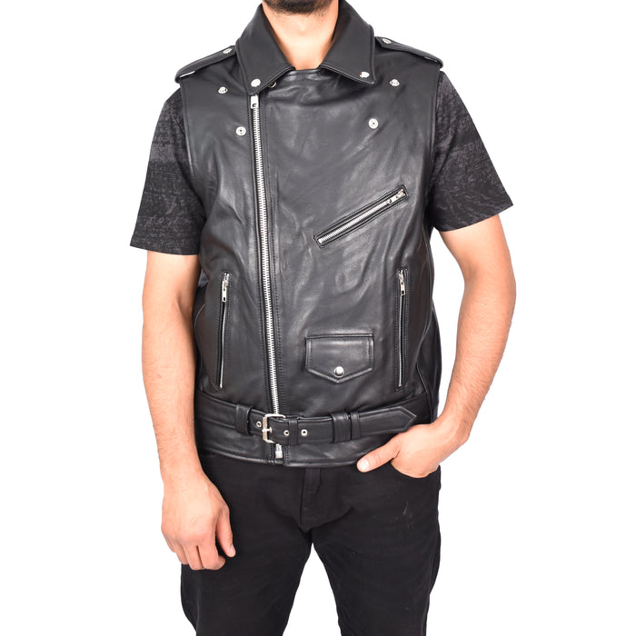 Men's Biker Style Real Leather Waistcoat Black Arkin-5
