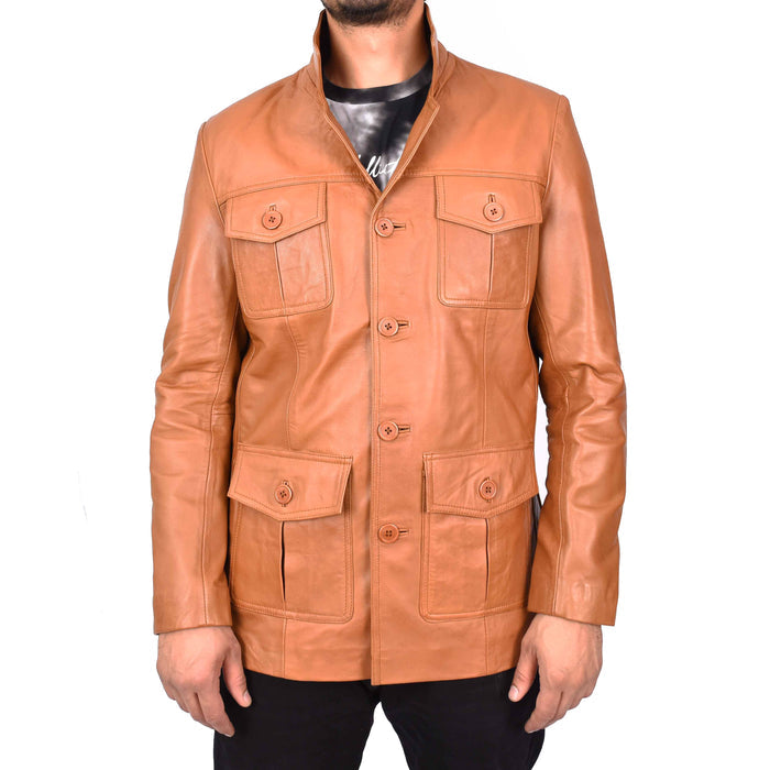 Men's Classic Safari Genuine Leather Jacket Tan Kaspar-6