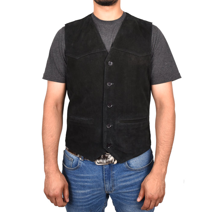 DR121 Men's Leather Suede Cowboy Waistcoat Black 1