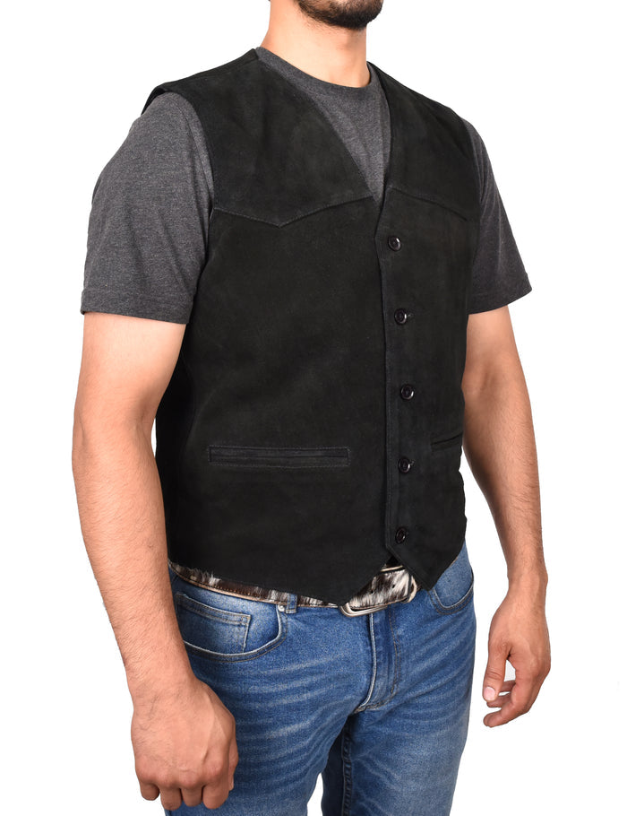 DR121 Men's Leather Suede Cowboy Waistcoat Black 5