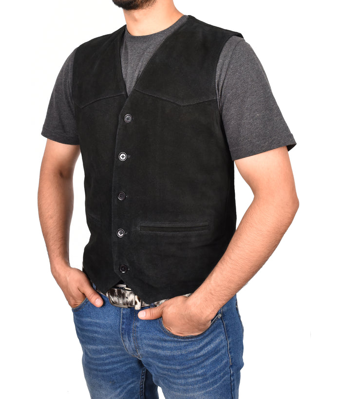 DR121 Men's Leather Suede Cowboy Waistcoat Black 6