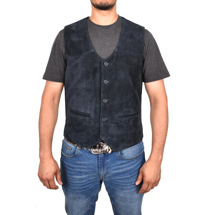 DR121 Men's Leather Suede Cowboy Waistcoat Navy 1