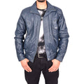 Men's Real Leather Classic Blue Jacket Bomber Blouson Style Errick-1