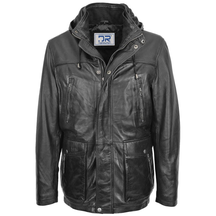 DR192 Men's Leather Parka Detachable Hoodie Black 1