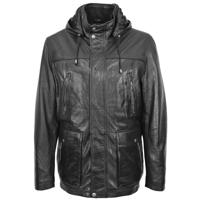 DR192 Men's Leather Parka Detachable Hoodie Black 3