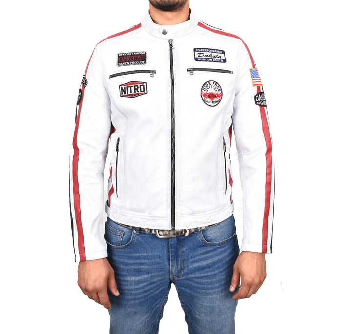 Mens Real Leather Motorsport Racing Style Badges Vintage White Striveo