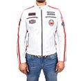 Mens Real Leather Motorsport Racing Style Badges Vintage White Striveo