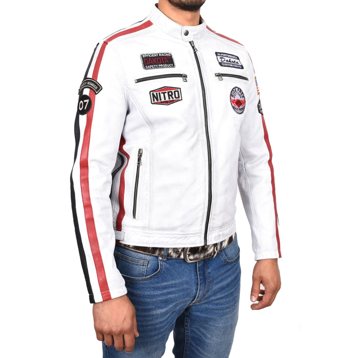 Mens Real Leather Motorsport Racing Style Badges Vintage White Striveo
