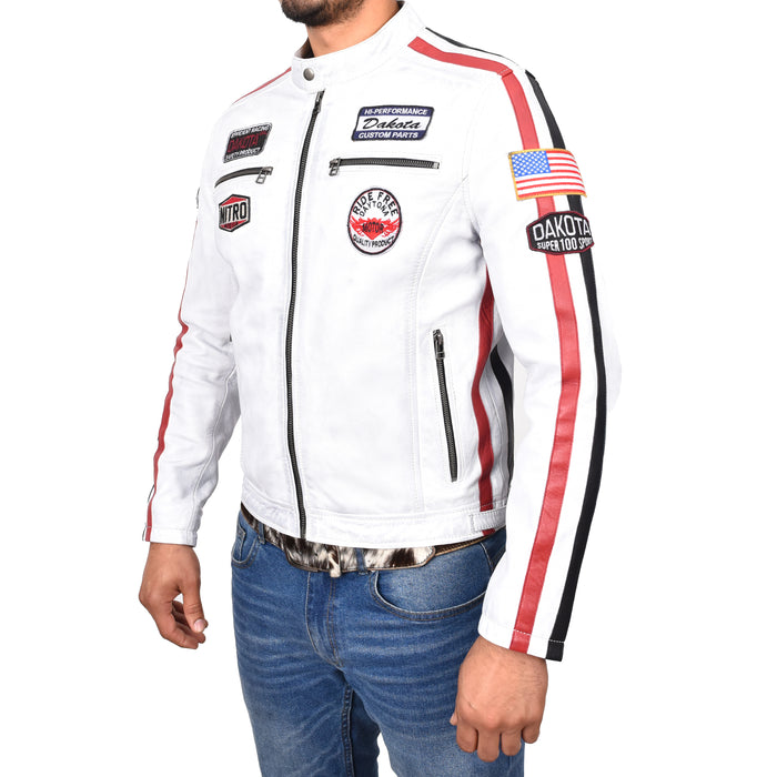 Mens Real Leather Motorsport Racing Style Badges Vintage White Striveo