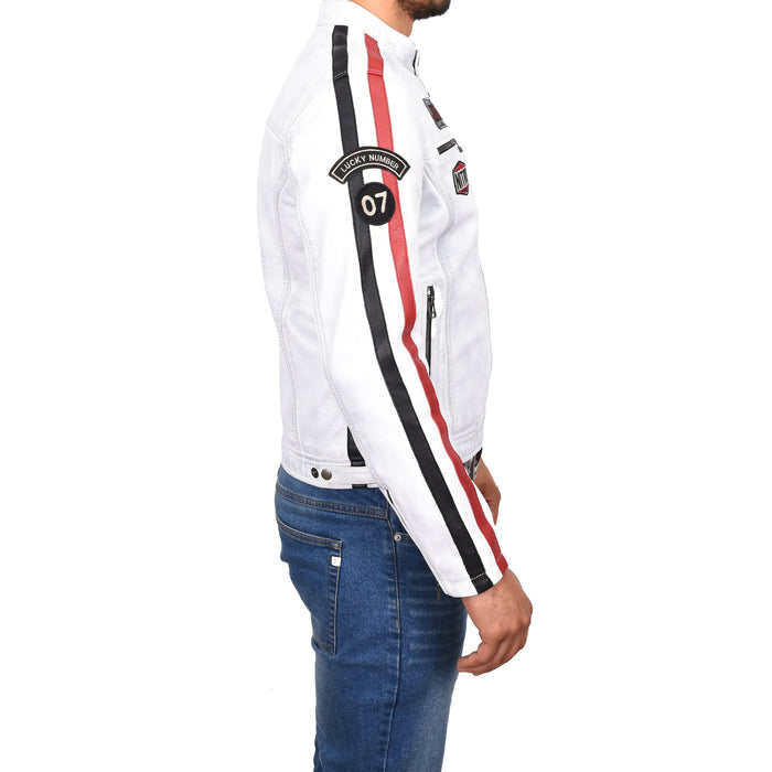 Mens Real Leather Motorsport Racing Style Badges Vintage White Striveo
